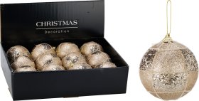 Eglutės žaisliukas, aukso sp., su linijomis ir blizgučiais, skersmuo 8 cm.