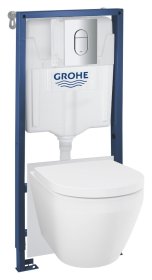 Klozeto komplektas GROHE EURO CERAMIC 2.0, komplekte rėmas Solido 5 in1, klozetas be nuplovimo lanko, lėtai nusileidžiantis dangtis, Triple Vortex nuleidimas, Arena Cosmopolitan mygtukas, tvirtinimai, chromo spalva, 102514SH00