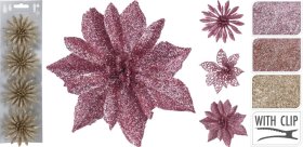 Kalėdinė dekoracija Gėlės, 4 vnt., su segtukais, rožinės sp., skersmuo 8 cm