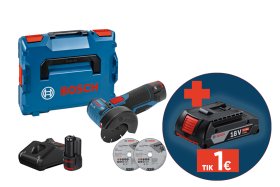 Akumuliatorinis kampinis šlifuoklis BOSCH Professional, GWS 12V-76, V-EC, 2x3.0Ah, GAL 12V-40, šlifavimo / pjovimo disko Ø 76 mm, priedai