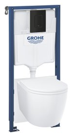 Klozeto komplektas GROHE START ROUND, komplekte rėmas Solido 5in1 113 cm, pakabinamas klozetas, be nuplovimo lanko, tvirtinimai, matinis juodas mygtukas Even, 3/6L, 103847SH00