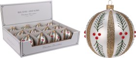 Eglutės žaisliukas, sidabro sp. su aukso sp. dryžiais ir uogų šakelėmis, skersmuo 8 cm