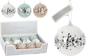 Eglutės žaisliukas, 3 skirtingos sp., su sidabro blizgučiais šonuose, skersmuo 8 cm