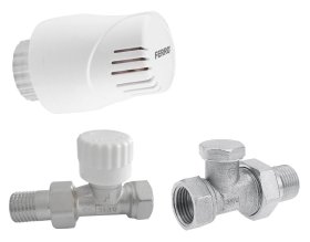Tiesus termostatinis komplektas FERRO, 1/2", su išankstiniu vožtuvo nustatymu ir termostatine galvute, 16 °C ribojimas, ZTMN01-16