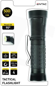 LED žibintuvėlis ENTAC En-2069, 5W, 500 lm, IP44, 3xAAA elementai (kompl. nėra), aliumininis, su magnetu, galva sukasi 90°, + raudona šviesa, 40x140 mm