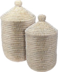 Daiktadėžė, su dangčiu, apvalios formos, pintos, pilkos sp., 27 x 27 x 46 cm.