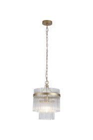 Pakabinamas šviestuvas SEARCHLIGHT Lara, E27, 1 x 60W, 230V, auksinis metalas su skaidriais stikliniais strypais, 260 x 260 x 400 mm, maksimalus aukštis 1500 mm, 11200-1GO