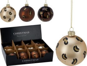 Eglutės žaisliukas, stiklas, leopardinio dizaino, 3 skirtingos sp., skersmuo 8 cm