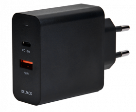 USB įkroviklis DELTACO USBC-AC137, 1 x USB-A, 1 x USB-C, PD, 36 W, juodos sp.