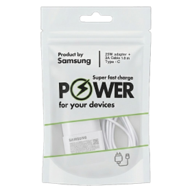 Telefono įkroviklis SAMSUNG, 25 W, komplekte adapteris ir Type-C 1.8 m laidas, baltos sp.