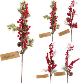 Kalėdinė dekoracija Šakelė, su kankorėžiais, obuoliais, grybais ir žvaigždėmis, 4 dizainai, raudonos sp., 55 cm