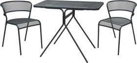 Metalinis sodo baldų komplektas, staliukas 90 x 52 x 47 cm, 2 kėdės 54 x 57 x 70 cm, spalva tamsiai pilka