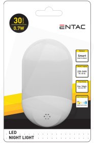 Sieninis šviestuvas ENTAC En-8529, naktinis, 0,7 W, 220-240 V, 3000 K, 30 lm, IP20, automatinis įsijungimas temstant, ovalo formos, baltos sp.
