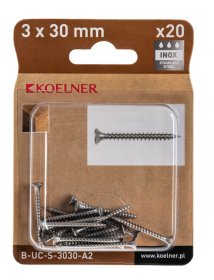 Medsraigčiai KOELNER, 3 x 30 mm, įleidžiama galva, nerūd. plieno A2, 20 vnt., PZ