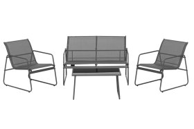 Lauko baldų komplektas 4LIVING Kiira, komplektą sudaro 2 krėslai, dvivietė sofa ir stalas, pilkos sp.