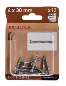 Medsraigčiai KOELNER, 4 x 30 mm, įleidžiama galva, nerūd. plieno A2, 12 vnt., PZ