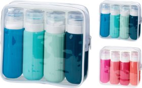 Kelioninių buteliukų rinkinys, 4 dalių su maišeliu, 2 skirtingos sp.