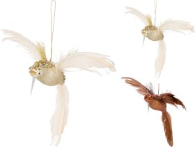 Kalėdinė dekoracija Kolibris, pakabinama, su plunksnomis, 2 spalvų (auksinė, ruda), 22 x 20 x 6 cm