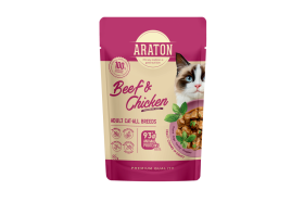 Konservuotas kačių ėdalas ARATON, visų veislių suaugusių kačių šlapias pašaras su jautiena ir vištiena, 85 g