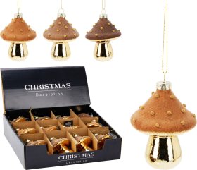 Eglutės žaisliukas Grybas, stiklas, 3 skirtingos sp., su auksiniu pagrindu ir taškeliais, 7 x 9 cm