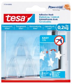 Klijuojami kabliukai TESA 77734, 5 vnt. x 0,2 kg, skaidrūs kabliukai DECO, skirti iki 0,2 kg svorio kabinti, komplekte 8 dvipusio lipnumo juostelės