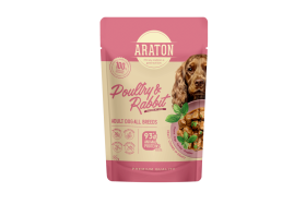 Konservuotas šunų ėdalas ARATON, visų veislių suaugusių šunų šlapias pašaras su paukštiena ir triušiena, 85 g