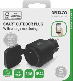 Išmanusis kištukinis lizdas DELTACO Smart Home Sh-Op01, WiFi, IP44, 1xCEE 7/3, 13A, juodos sp.