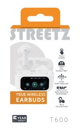 Įkraunamos belaidės ausinės STREETZ T600 TWS, su LCD ekranu, ANC ir ENC, baltos sp.