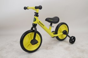Balansinis dviratis BIMBO BIKE Balance, 11 dydis, geltonos sp. su pagalbiniais ratukais