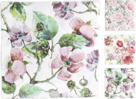 Servetėlės, 3 skirtingi gėlių dizainai, 16 vnt., 33 x 33 cm