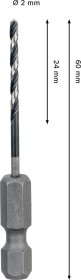 Grąžtas metalui BOSCH HSS, su šešiakampiu kotu, 2,0 mm, 2 × 24 × 60 mm