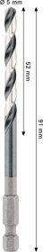 Grąžtas metalui BOSCH HSS, su šešiakampiu kotu, 5,0 mm, 5 × 52 × 91 mm
