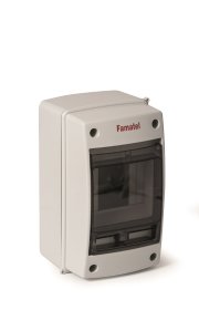 Automatinių jungiklių skydelis FAMATEL 3902-Ttb1 Aqua, 2/4 modulių, paviršinis, su skaidriomis durelėmis, su 0 kontaktais, IP65