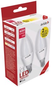 LED lempa AVIDE 6W (=40W), E14 žvakė, WW, 3000K, 220-240V, 460 lm, 25.000 val., 2 vnt, N