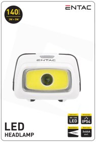 LED žibintuvėlis ENTAC En-8122, 3W (XPE) + 5W (COB), 100+140 lm, IP54, atstumas 120 m, ant galvos, 3xAAA elementai (kompl. nėra), baltos sp.