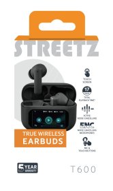 Įkraunamos belaidės ausinės STREETZ T600 TWS, su LCD ekranu, ANC ir ENC, juodos sp.