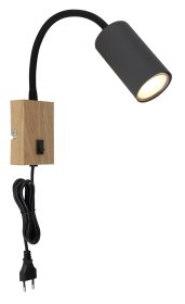 Kryptinis šviestuvas GLOBO Robby, GU10, 1x25W, 230V, su jung., 1,5 m laidas, metalinis, matinės juodos sp. su medžio imitacija, 70 x 440 x 320 mm, 57911WG