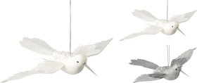 Kalėdinė dekoracija Kolibris, pakabinama, su plunksnomis, 2 spalvų (balta, pilka), 22 x 24,5 x 5 cm