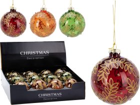 Eglutės žaisliukas, stiklas, 3 skirtingos sp., su blizgiais lapų ornamentais, skersmuo 8 cm