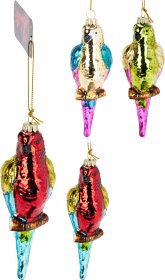 Eglutės žaisliukas Papūga, stiklas, 3 skirtingos sp., 4,3 x 3,4 x 13,2 cm