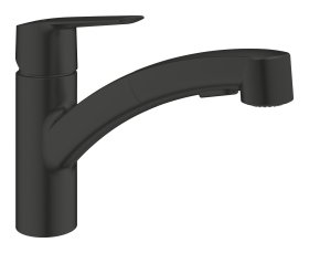 Plautuvės maišytuvas GROHE QuickFix Start, 140° pasukimo kampas, ištraukiamas snapas, juodas matinis, montavimas su GROHE QuickMount, 303072431