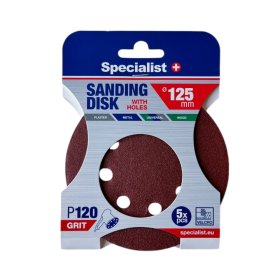Šlifavimo diskas SPECIALIST+, su skylėmis, P120, 125 mm, 5 vnt.