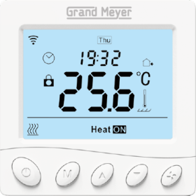 Programuojamas WiFi termostatas GRAND MEYER W350, 16 A, 230V, el. grindų šildymui, su patalpos ir grindų temperatūros jutikliu, balta sp.