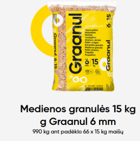 Medienos pjuvenų granulės, sertifikuotos, 6mm, 15 kg, drėgnumas < 10%, peleningumas < 0,7%, kaloringumas 16,5-19 MJ/kg