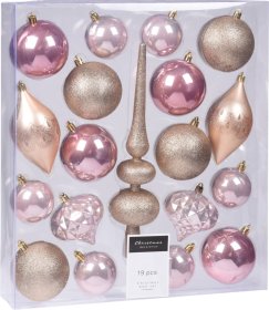 Eglutės žaisliukų rinkinys, 19 vnt., rožinės/rausvos sp., rinkinyje: eglės viršūnė, svogūno formos žaisliukai, varvekliai, kamuoliukai