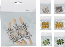 Kalėdinė dekoracija, 3 vnt., su segtukais, kalėdiniai motyvai (pirštinės, kojinės, snaigės, eglutės), 12 x 14 x 1,5 cm