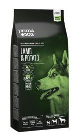 Sausas šunų ėdalas PRIMADOG, ėriena-bulvės visiems suaugusiems šunims, 12 kg.
