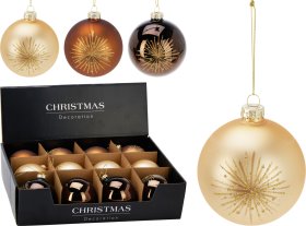 Eglutės žaisliukas, stiklas, 3 skirtingos sp., su auksiniais blizgučiais, skersmuo 8 cm