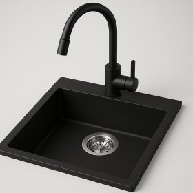 Plautuvės komplektas ODUS OD-350, 50 x 40 x 18,5 cm, akmens masės, juodos spalcos, komplekte juodas maišytuvas lanksčiu snapu