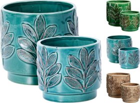 Kambarinis keraminis vazonas, su lapelių motyvais, 3 skirtingų sp., 12,5 x 12,5 x 11 cm.